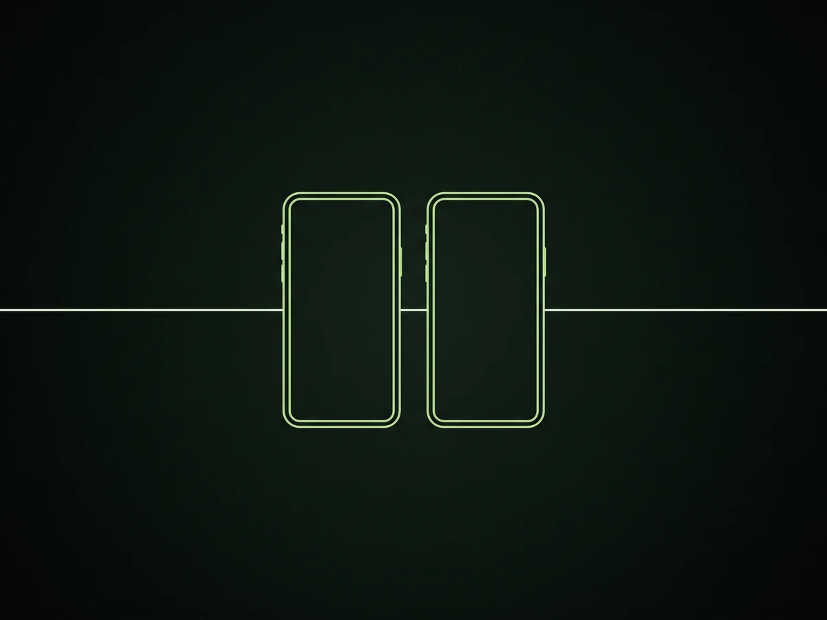 Two plain phone outlines side by side, threaded by one unbroken line: one codebase, both platforms.